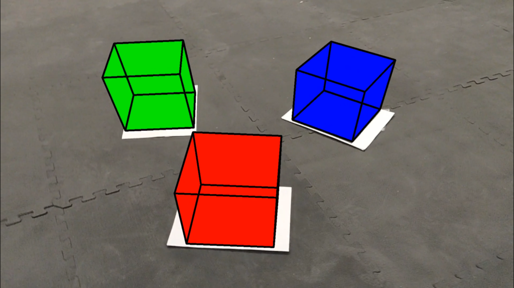 colored cubes rendered on their AR tags
