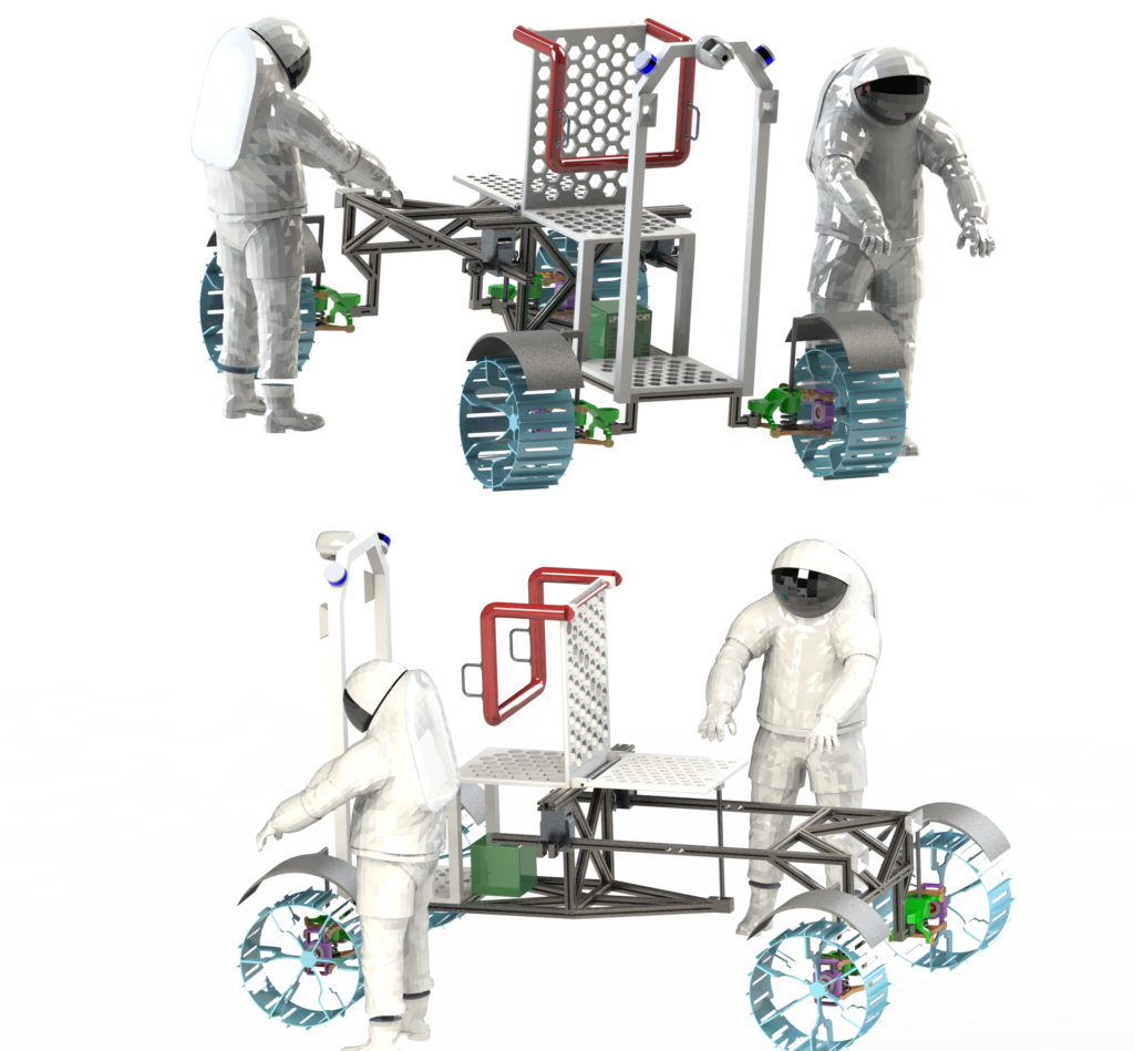 Render of the rover with two astronauts standing beside it